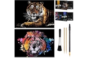 ARTSPER Animal scratch art rainbow painting paper, Engraving Art & Craft Set, Creative foil scratch toys gift, DIY sketch card scratchboard for Teen, Adults, Girl, Women - 16'' x 11.2'' (Tiger/Lion)