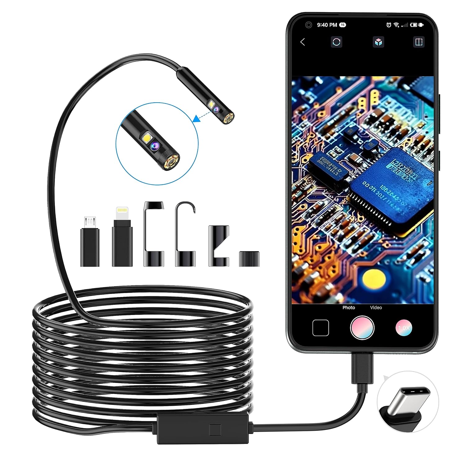 Pancellent 1920P Dual Lens Snake Inspection Borescope, Type C Endoscoop, Scope Camera met 8 LED-lampjes voor Android en iOS Smartphone, iPhone, iPad, Samsung (16,5 FT/5M)
