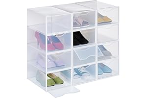 Relaxdays Pudełka na buty, 12 sztuk, organizery na buty, można układać w stos, na buty do rozmiaru 45, z otworami wentylacyjnymi, przezroczyste