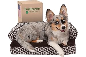 FurHaven Haustierbett für Hunde und Katzen – Plüsch und Dekor, Bequeme Couch, Sofa-Stil, kühlendes Gel-Schaumstoff-Hundebett, Abnehmbarer, maschinenwaschbarer Bezug – Diamantbraun, klein