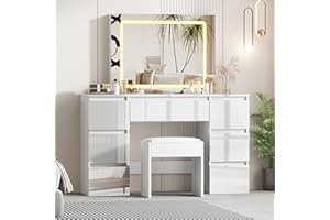 LSLIFE Schminktisch mit Spiegel und Hocker Weißer Schminktisch mit LED-Beleuchtung 7 Schubladen Hochglanz Make-up Schreibtisch Schlafzimmer Ideal für Mädchen und Frauen Schlafzimmer Möbel (Weißer)