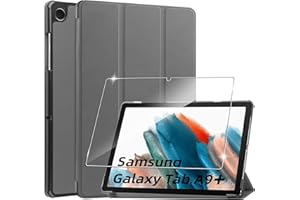 ROJEUINN Cover per Samsung Galaxy Tab A9+/A9 Plus custodie+1 Pezzi Vetro Temperato,Gomma Protezione Protettivo,Ultra Sottile Antiurto Anti-Graffio TPU Flessibile Case-Grey