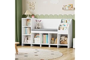 HOCSOK Libreria Bambini, Scaffale Portagiochi Bambini con Panca e 7 Vano Portaoggetti, Libreria Bianca per Studio, Gioco, Soggiorno, Ripiani Regolabili, 80×40×138,5 cm