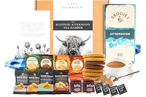 GIFT HARBOUR Afternoon Tea Gift Set & Biscuit Gift Hamper - Scottish Gift Hamper, Food Gifts for Men - Brodie's Afternoon Scottish Tea, Shortbread Biscuits, Strawberry Jam, Fudge & Chocolate
