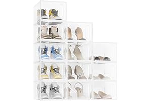 JOISCOPE Shoe Storage Boxes,12 Pcs Clear & Stackable Plastic Shoe Boxes with Magnetic Door, Trainer Storage with Lid for Women/Men, Transparent White