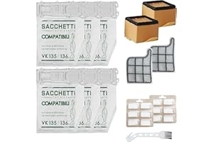 Arcets Kit Sacchetti compatibile per Folletto VK135 VK136 FP 135 FP 136 | 6 Sacchetti Aspirapolvere Microfibra a 5 Strati con 2 Filtro HEPA e 2 Filtri Motore (kit da 6 Sacchetti)