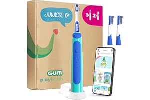 ‎GUM GUM Playbrush JUNIOR 6+ elektrische Zahnbürste | Interaktive Spiel-App | 2 Putzmodi | Extra weiche Borsten | 8 Wochen Akku | Timer | 1x Schallzahnbürste, wiederaufladbar | 2 extra Bürstenköpfe | Blau