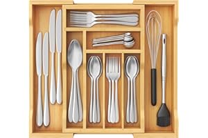 Lifewit Pequeño Bandeja para Cubiertos para Cajones, Profundidad de 33 cm, Cuberteros Extensible de Hasta 42 cm de Ancho, Organizador de Cocina para Pequenos Cubiertos, Cucharas de Te, Tenedores