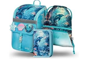 Baagl Schulranzen Mädchen Set 3 Teilig (Zippy Schultasche für 1. Klasse, Mäppchen, Turnbeutel), Grundschule Ranzen Tornister mit Brustgurt, Ergonomischer Schulrucksack, 18 l (Delfin)