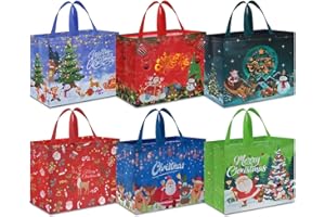 AhfuLife Extra Large Christmas Bags for Gift, 6pcs Xmas Tote Gift Bags with Handles, Reusable Multipack Non-woven Christmas Treat Shopping Bags, Xmas Party Favor Bags Decorations, 40 x 36 x 15cm