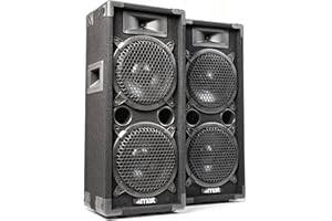 MAX MAX28 PA Lautsprecher passiv, DJ Boxen, 1600 Watt Peak, Partyboxen Set mit Griffe, 2 x 8 Zoll Doppel-Tieftöner, DJ Party Lautsprecher Paar, Lautsprecherbox, Schwarz