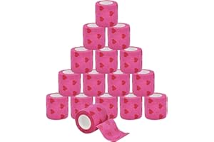 ELLECILA 16 Rolls Pink Self Adhesive Bandage Wrap - 5cm x 4.5m Breathable Heart Cohesive Bandage, Elastic Pink Grip Adhesive for Ankle/Wrist Support, Pet First Aid & Athletic Injuries