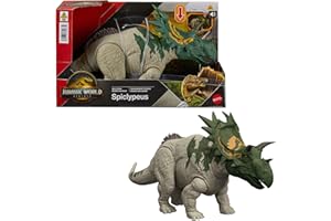 Mattel Jurassic World: El Renacer, Spiclypeus Rugido salvaje Juguete de dinosaurio, figura articulada con ataque de cabezazo y embestida y sonido, controlados con la cola, juego digital, JGB89