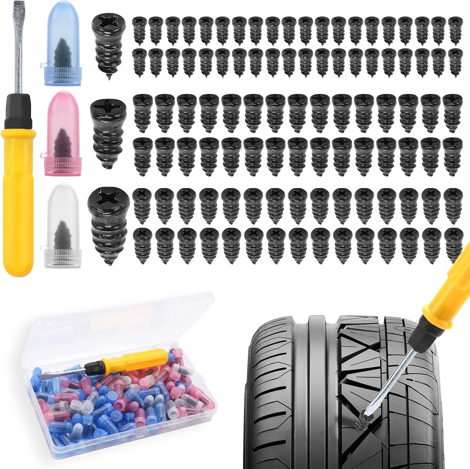 Richunie 100 PCS Clavo de Goma para Neumáticos, Kit Repara Pinchazos Moto con Destornillador, Repara Pinchazos, Kit de Reparación de Neumáticos para Moto, Coche, Camión, Bicicleta