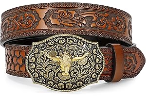 LEACOOLKEY Western Cowboy Leather Belt for Men Longhorn Bull Buckle Belt 1.5" Wide Floral Engraved Embossed Leather Belt