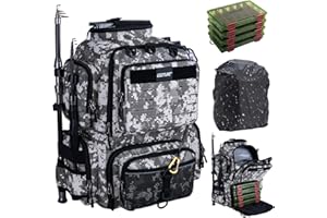 Goture Angelrucksack mit 4 Köderbox Angeln, 45-Liter Angelzubehör-Rucksack mit Zwei Rutenhaltern und Regenschutz, 900D Oxford-Gewebe Wasserabweisende Angelgerätetasche mit verstellbarem Fach