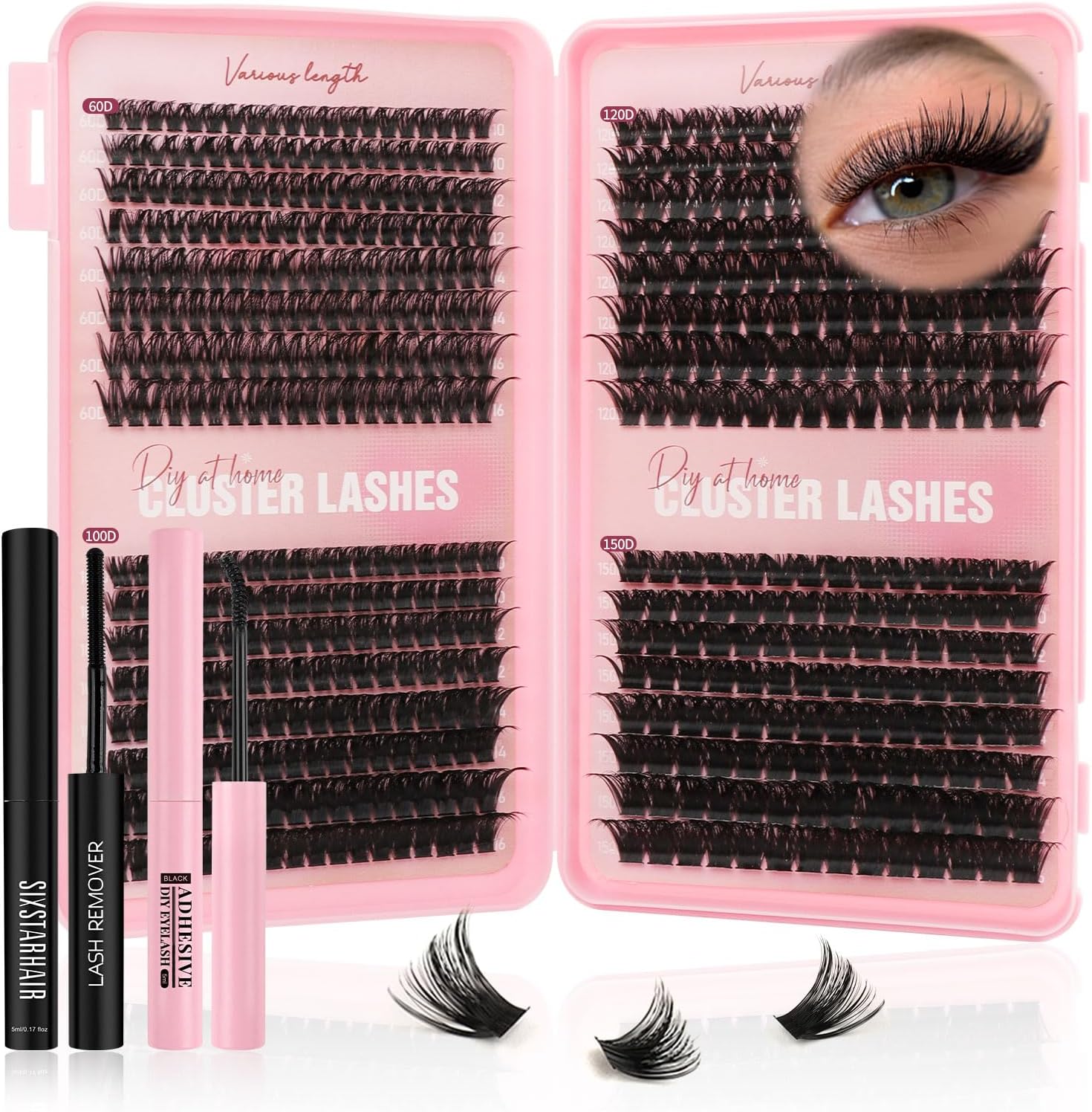 Sixstarhair Individual Eyelashes Kit 544Pcs Lash Clusters with Glue and Remover Volume Clusters Lashes Book Kit D Curl Eyelash Extensions for DIY at Home 10-16mm (60+100+120+150D)