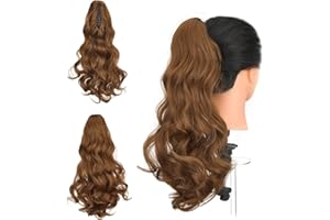 Gairyan Extensión de Cola Coleta Postiza Pelo Natural Sintético Postiza Extensiones Moño Postizo Extensiones Más Suave Aspecto Real Rizado 18" - Castaño claro