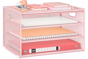 Marbrasse Organiseur de Bureau,4 Niveaux Corbeilles à Courrier en Filet avec Poignée,Porte-Revues,Support de Rangement pour Papier,Organisateur de bacs de classement Le Bureau,la Maison (Rose)