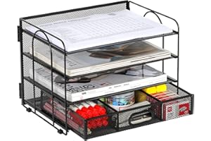 EasyPAG Organizer na Biurko A4 4 Przedziały Metal Siatka,Taca na Czasopisma,Półka na Listy,Stojak na Dokumenty z Szuflada do Domu & Biura,Czarny