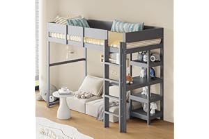 Aoskem Kinderbett Hochbett 90x200, Etagenbett Hausbett mit Leiter, Stauraum Regale und Schreibtisch, Holzbett Einzelbett Jugendbett Bettgestell mit Rausfallschutz und Lattenrost, Ohne Matratze (Grau)