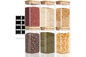 FoiiLiio 750ml Tarros de Cristal, Hermético Juego de 6 Botes de Cristal con Tapa de Bambu, para Cereales Judías Avena - Φ8.0x15cm