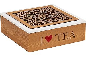 Mind Reader Tea Bag Sorter and Organizer [Wooden Floral Pattern | 9 Compartments] Teabag or Coffee Caddy, Sugar Packets and Other Condiments Holder, and Storage Chest Box (BROWN/WHITE)