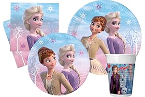 Ciao - Kit Vajilla de Fiesta Disney Frozen II Wind Spirit para 24 personas (112 pcs: 24 platos Ø23cm, 24 platos Ø20cm, 24 vasos 200ml, 40 servilletas 33x33cm)