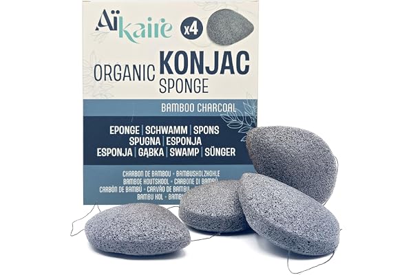 Eponge de Konjac Bio pour le visage associé au charbon actif | Lot de 4 éponges en forme de gouttes | Eponge exfoliante végétale naturelle nettoyante