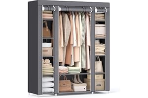 SONGMICS Fabric Wardrobe, Portable Wardrobe for Bedroom, Clothes Rail with Non-Woven Fabric Cover, Clothes Storage Organiser, 45 x 150 x 175 cm, 12 Compartments, Metal Frame, Grey LSF03G