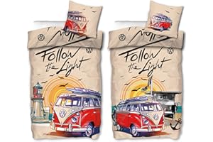BERONAGE VW Volkswagen Bulli pościel Follow The Light 135 cm x 200 cm + 80 cm x 80 cm 100% bawełna jakość renforcé-Linon VW-Bus T1 Camper Van 2 motywy retro pościel dwustronna zamek błyskawiczny 187