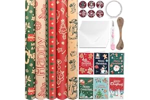 KUFAERBEAM 5x70cm Rotoli di Carta Regalo Natalizio,50cm x 70cm per Rotolo,Carta da Regalo Retrò Babbo Natale e Alberi di Natale con Nastro Biadesivo,Auguri,Etichette,Corda e Nastro per Confezione RegaloNatale