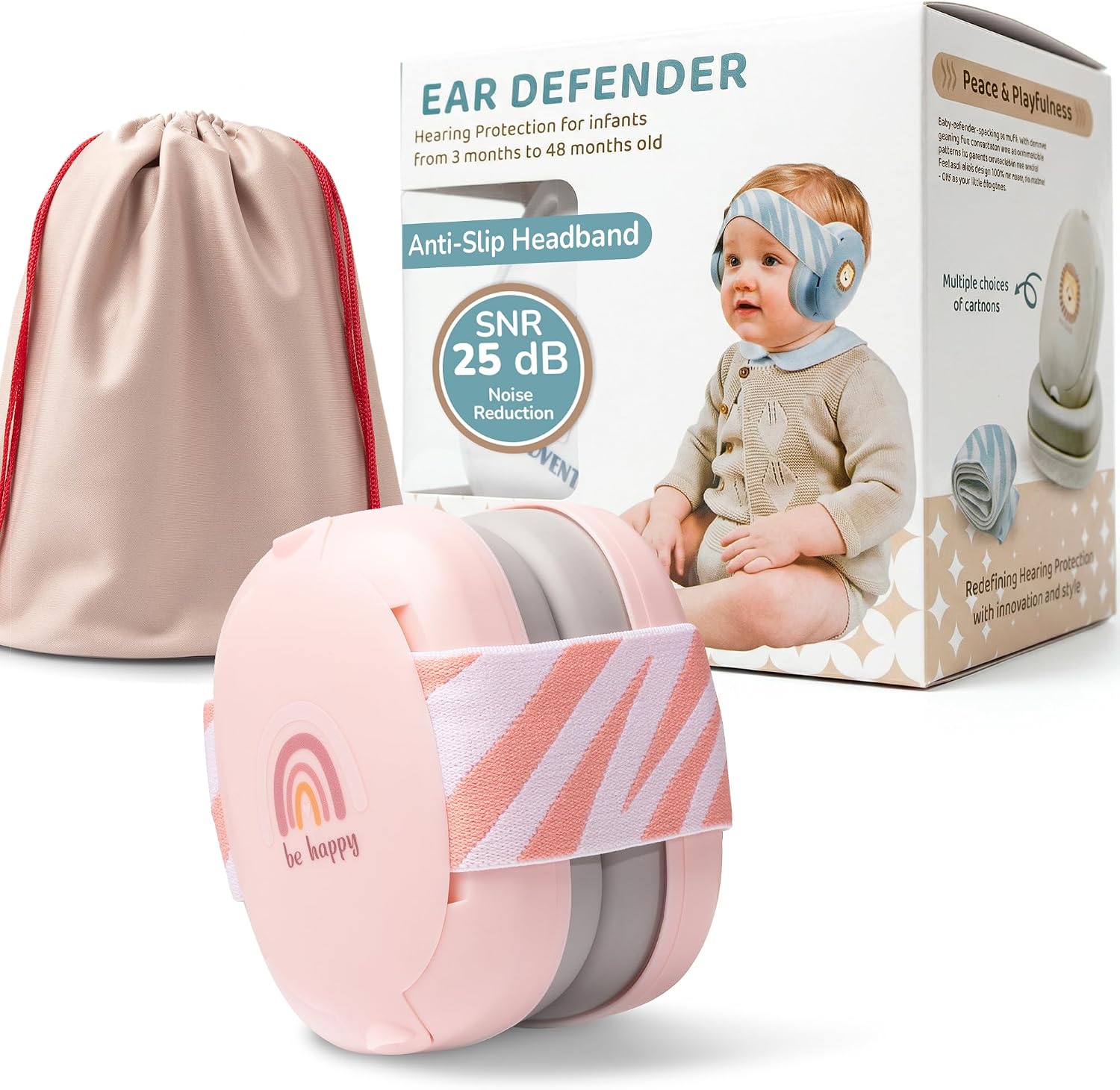 LULLIO Baby Ear Defenders - Ear Protection for Children Up To 48 Months - Multi-adjustable Baby Noise Cancelling Headphones with Anti-slip Headband - 25dB Sound Reduction - Pink