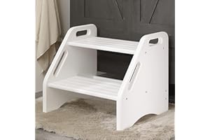 AMBIRD Zwei-Schritte-Trittstuhl für Kinder, stabile 136 kg Tragkraft, mit Sicherheits-Anti-Rutsch-Pads und Griffen, Bambus-Trittstuhl für Bad, Schlafzimmer, Küche (Weiß)