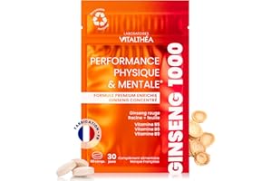 LABORATOIRES VITALTHÉA GINSENG ROUGE PREMIUM I Meilleure combinaison Vitamines Minéraux : Racine (150mg), Feuille Panax Ginseng Asiatique (40mg),Vitamines B5 B6 B9 100% AR I Complément Alimentaire ANTI-FATIGUE I France