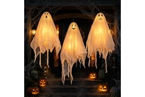 3 LED-Spöken Halloween Dekoration, Hängande för Hem Och Skyddad Uteplats | Tre Olika Ansikten, ca 56 cm Höga, 3 Ljuslägen och Upphängningsögla på ca 14,5 cm