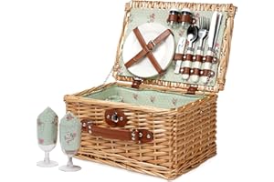 ZORMY Wicker Picknickkorb für 2 Personen, Willow Hamper Basket Sets, handgefertigter Picknickkorb für 2 Personen mit Utensilienbesteck Perfekt für Picknick, Camping Flower
