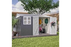 BIRCHTREE Garden Shed Steel Apex Roof House Outdoor Backyard Storage With Lockable Double Doors Window Free Foundation Tool Equipment Organizer Air Vents 10x10FT Grey
