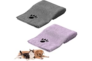 HRILKAOD 2 Pièces Serviette pour Chien et Chats, 75 x 35 cm Serviette de Bain pour Animaux de Compagnie Serviette en Microfibre Douce et Absorbante Serviette à Séchage Rapide (Gris+Violet)