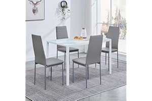 TRESBIEN Rectangular Dining Table Sets (White Mable Like, 120CM table with 4 grey pu chairs1)