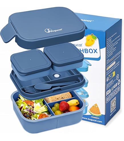 Bugucat Lunchbox voor kinderen, met vakken, 1330 ml, broodtrommel voor kinderen, bentobox, lekvrij met 6 vakken, bestekset, broodtrommel, ontbijtbox voor meisjes en jongens