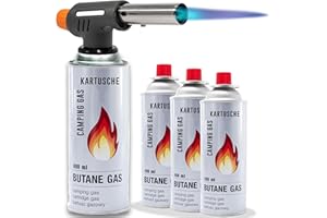 TRUWARE JUST CAMP Gasbrenner mit Kartuschen Bunsenbrenner mit Piezozündung Lötbrenner für Hart und Weichlöten Lötlampe Schweißbrenner max. 1300°C Temperatur (Lötbrenner mit 4 Kartuschen)
