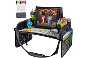 Lusso Gear Reisetisch Auto Kinder mit Schreibtafel | Unverzichtbare Reisebegleiter | Knietablett Kinder Auto | Tablet-Halter |Getränkehalter | Spielzeugaufbewahrung |Flugzeug und Autositze (Planeten)