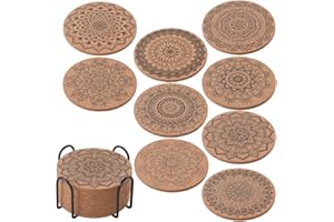 ionEgg Podkładki korkowe do napojów, wielokrotnego użytku, chłonne, na zimne lub ciepłe napoje, 9 sztuk, z metalowym uchwytem