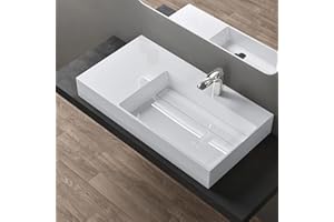 doporro Lavabo de diseño 90x48x13cm desagüe oculto Colossum12-derecho en blanco de mármol fundido apto como lavabo sobre encimera y lavabo suspendido