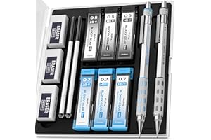 Nicpro 2 Pack Blocky Gear Metal Mechanical Pencils Set with Case, 0.5 mm & 0.7 mm Lead Drafting Pencil with 6 Tube Lead Refills(HB 2B), Erasers, Eraser Refills for Art Writing Drawing Sketching
