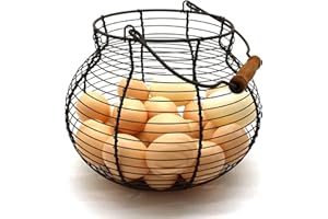 CVHOMEDECO. Antico Cestino per Uova in Filo Metallico con Manico in Legno Primitives Cestino da Raccolta Vintage. Arrugginito