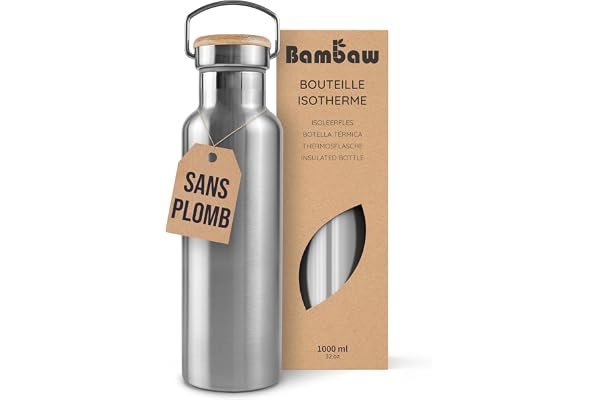 Bambaw Bouteille Inox 1l, Gourde Isotherme Sport, Bouteille Isotherme 1l en Acier Haute Qualité, Pour Boissons Chaudes ou Froides, Idéale au Travail, à l'École ou à la Salle de Sport (Acier Naturel)