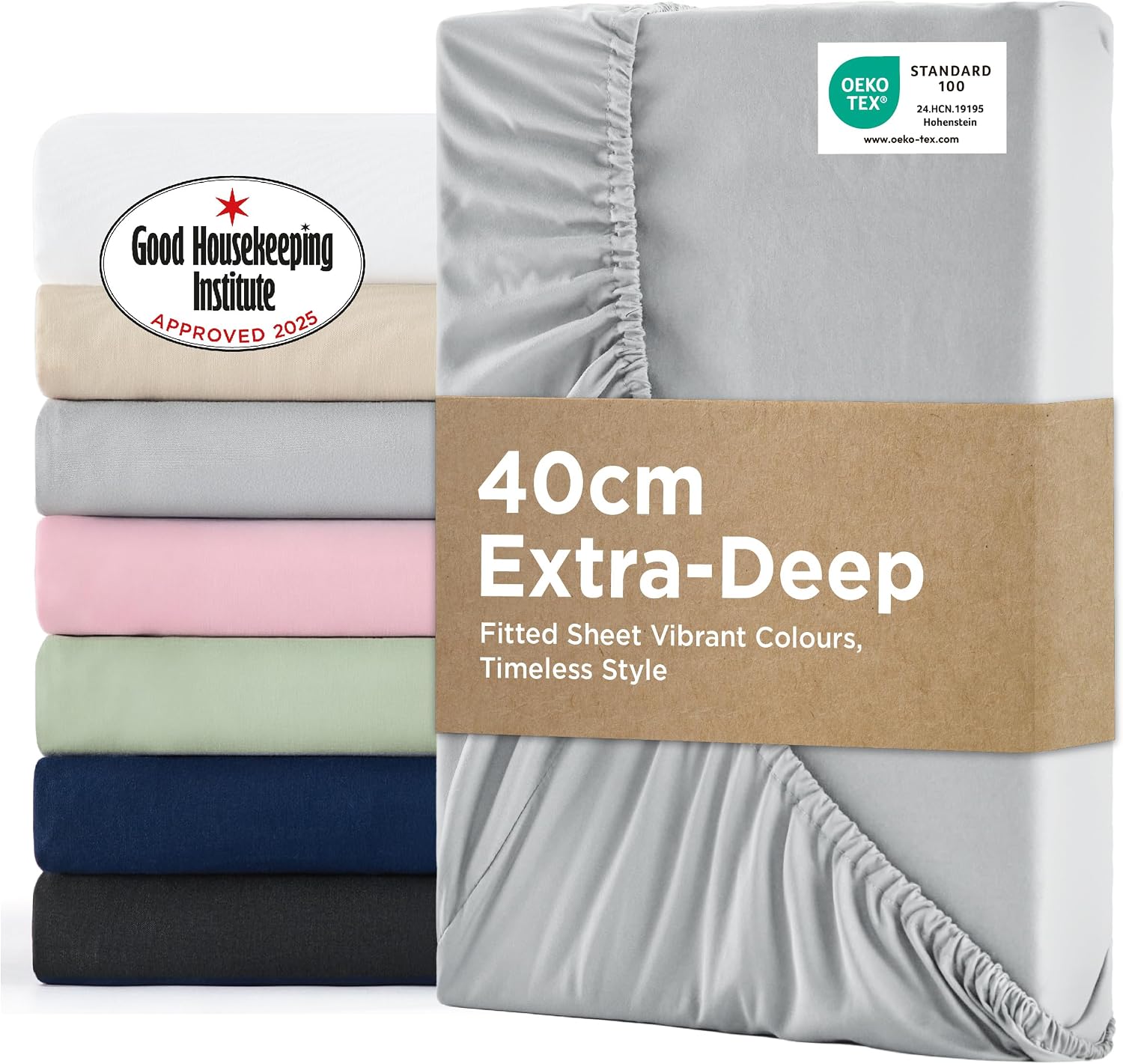 Bedsure Double Fitted Sheet Deep - Bed Sheets Extra Deep Pocket 16 inch (40 cm) made of Soft Brushed Microfiber for Double Bed, Grey, 135x190cm