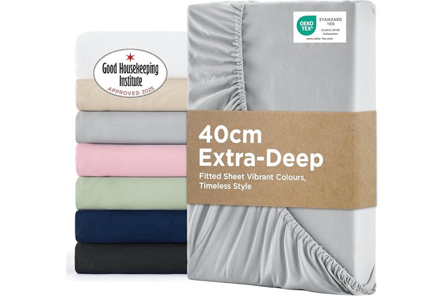 Bedsure Double Fitted Sheet Deep - Bed Sheets Extra Deep Pocket 16 inch (40 cm) made of Soft Brushed Microfiber for Double Bed, Grey, 135x190cm